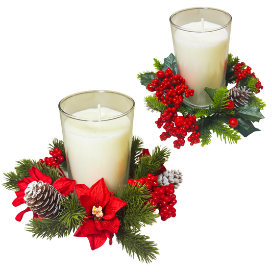 Christmas Candle Centerpiece Ring – Holiday Table Decoration with Pinecones, Red Berries & Poinsettias – Festive Candle Holder Wreath for Dining Table or Mantel (Pack 2)(Candle Not Included)