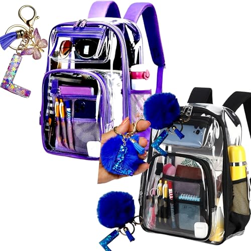 2/2 Pack Clear Backpack Bulk for Students SeeThrough Bag (Black/Purple) With Keychain Letter L Incluide Stadium Backpack