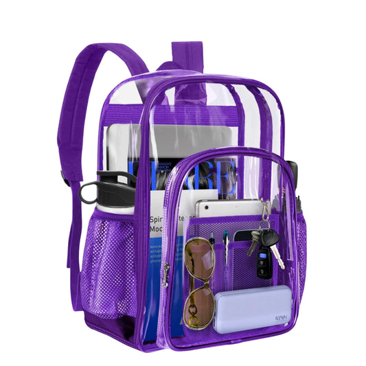 Clear Backpack Heavy Duty PVC Transparent Backpack with Reinforced Strap Stitches & Large Capacity for College Workplace Security - Purple